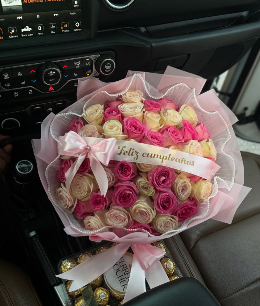 50ct white & pink roses + ribbon