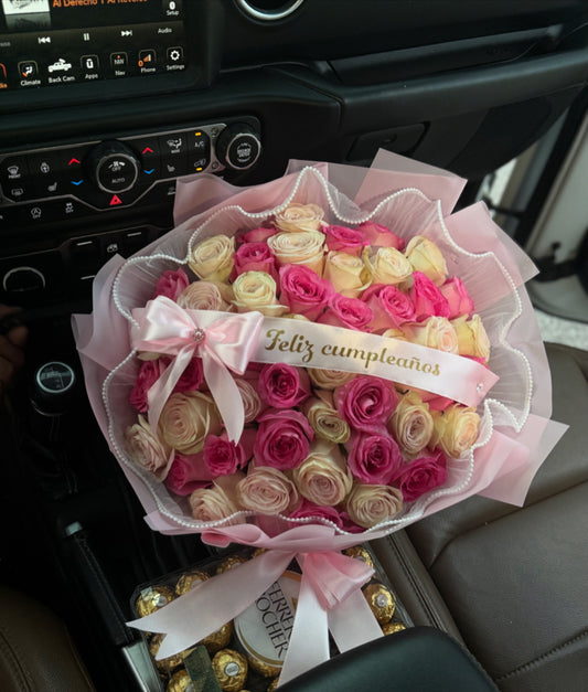 50ct white & pink roses + ribbon