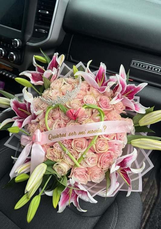 50 pink roses + lilies + tulip heart